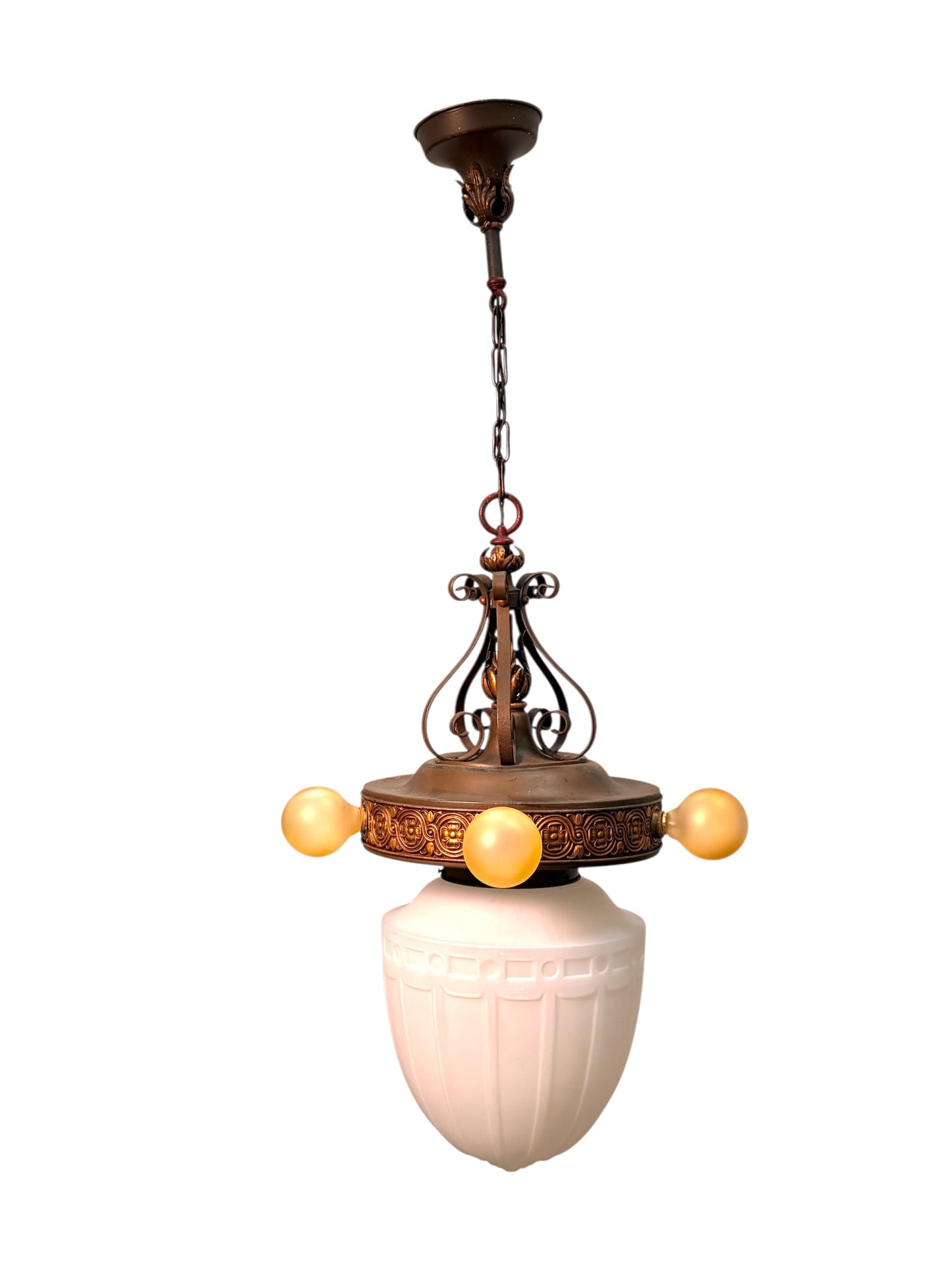1920s Pendant with Acorn Shaped Shade and Four Bare Bulbs and Original Paint Finish #2650