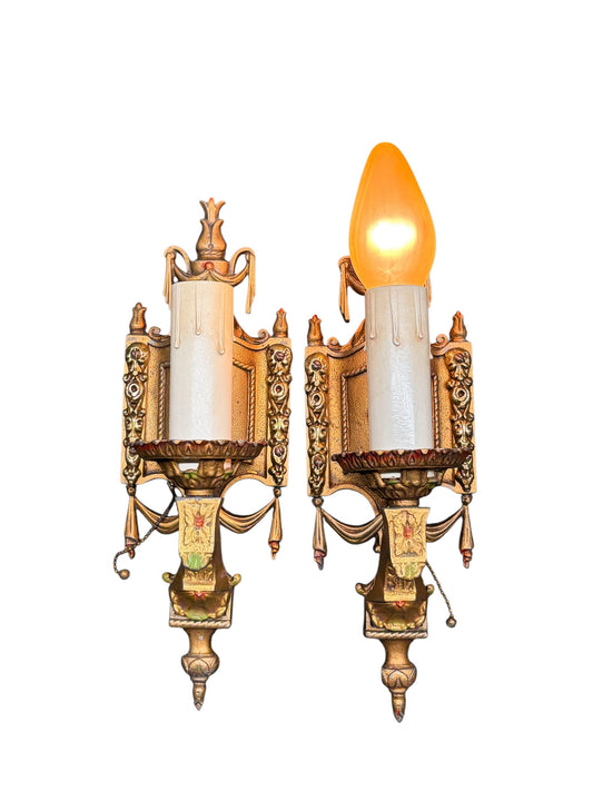 Cast Aluminum 1920s Wall Sconces with Original  Polychrome Finish #2677