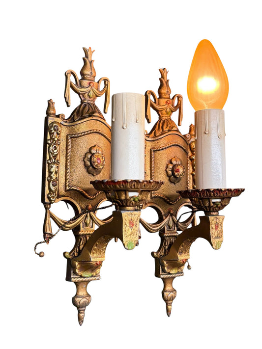 Cast Aluminum 1920s Wall Sconces with Original  Polychrome Finish #2677