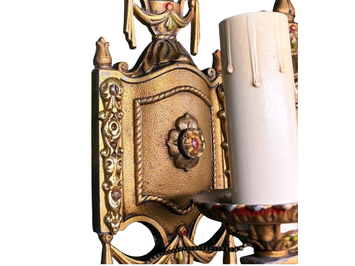 Cast Aluminum 1920s Wall Sconces with Original  Polychrome Finish #2677