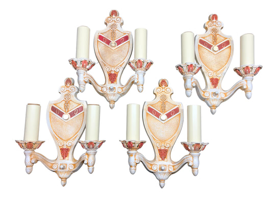 Antique Restored 1920s Wall Sconces Ivory Cream White and Red with Gold Colored Highlights Two Light Candle Sconces  Two Pair  #2679