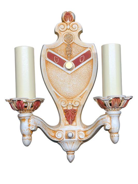 Antique Restored 1920s Wall Sconces Ivory Cream White and Red with Gold Colored Highlights Two Light Candle Sconces  Two Pair  #2679