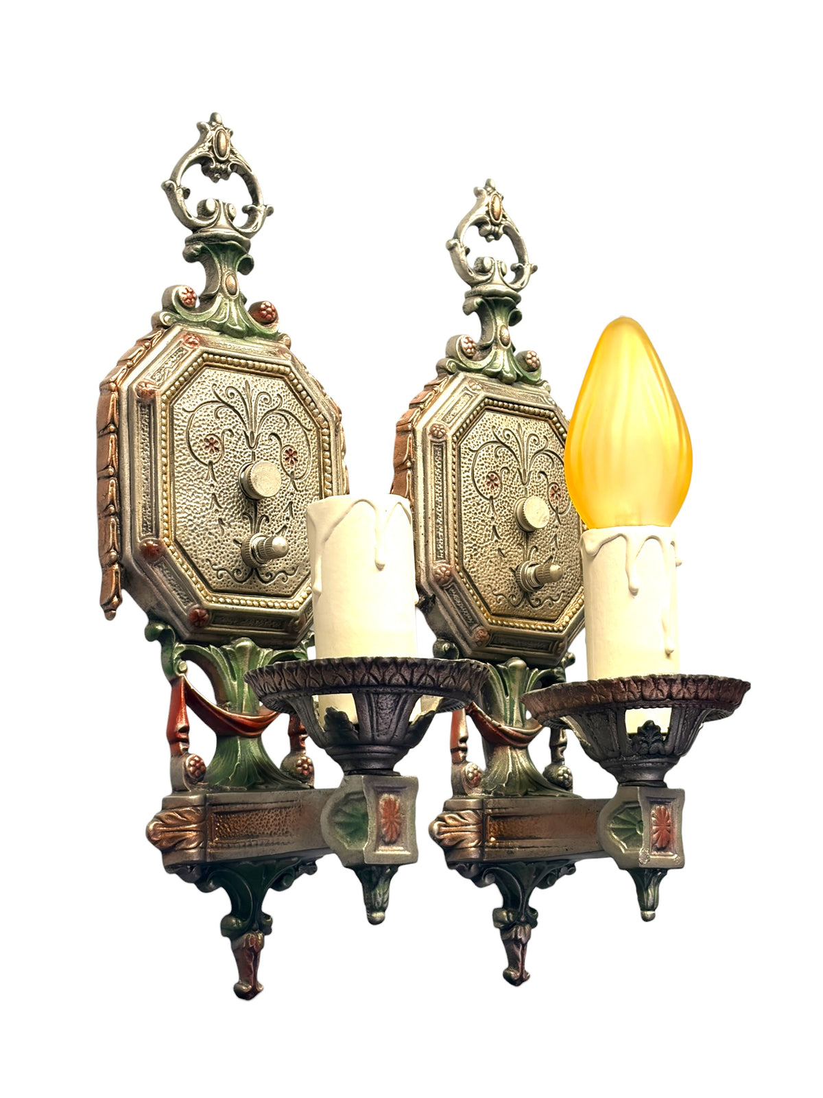 Pair Cast Aluminum 1920s Wall Sconces with Silver Red and Green Finish #2681