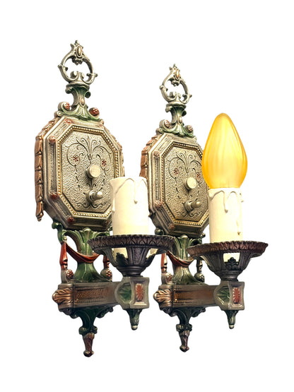 Pair Cast Aluminum 1920s Wall Sconces with Silver Red and Green Finish #2681