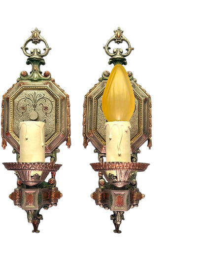Pair Cast Aluminum 1920s Wall Sconces with Silver Red and Green Finish #2681