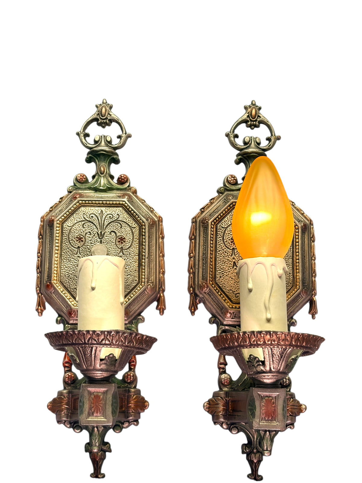 Pair Cast Aluminum 1920s Wall Sconces with Silver Red and Green Finish #2681