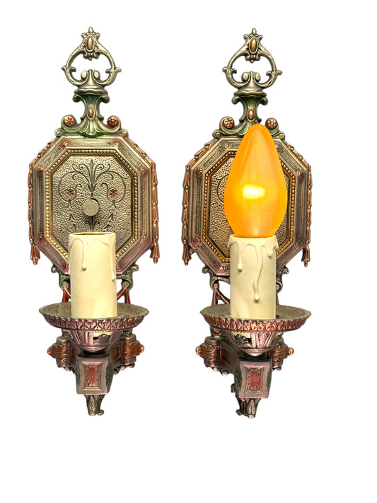 Pair Cast Aluminum 1920s Wall Sconces with Silver Red and Green Finish #2681