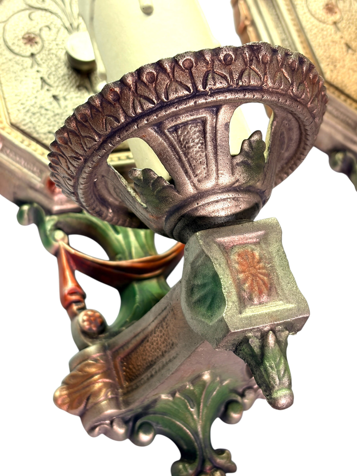 Pair Cast Aluminum 1920s Wall Sconces with Silver Red and Green Finish #2681