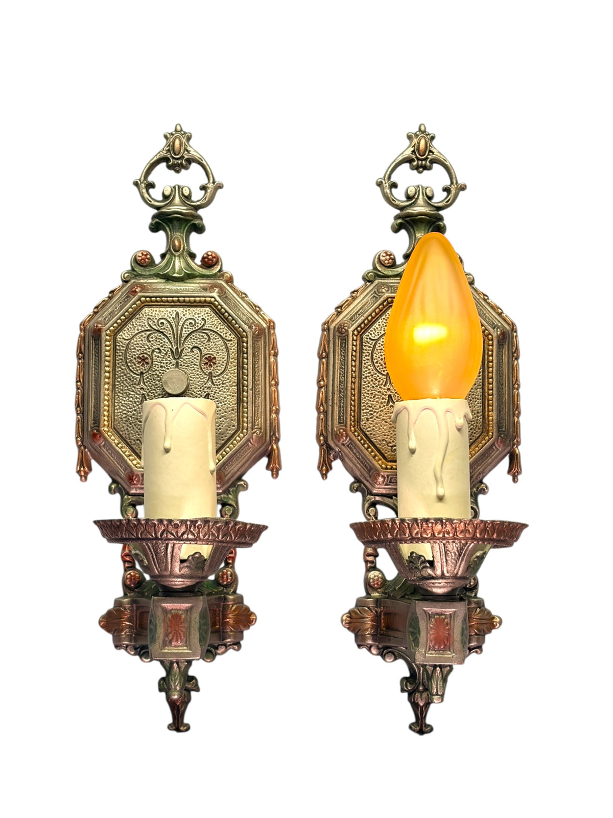 Pair Cast Aluminum 1920s Wall Sconces with Silver Red and Green Finish #2681