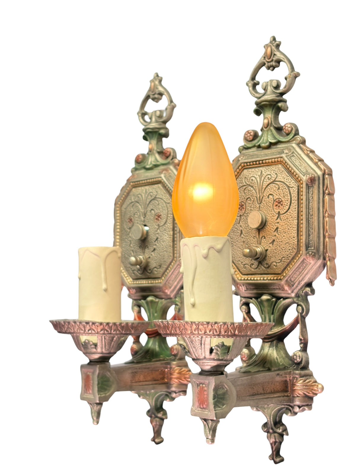 Pair Cast Aluminum 1920s Wall Sconces with Silver Red and Green Finish #2681