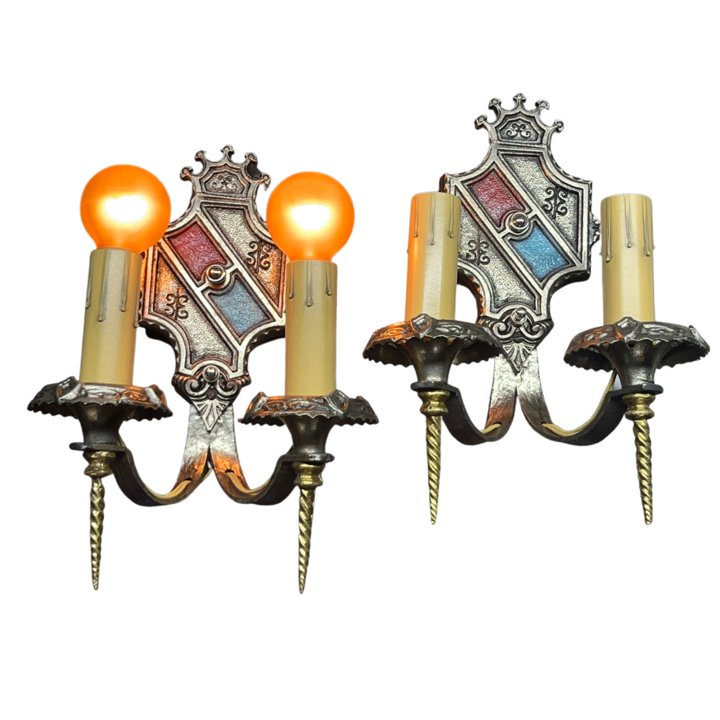 Pair Silver Gold Red and Blue 1920s Sconces