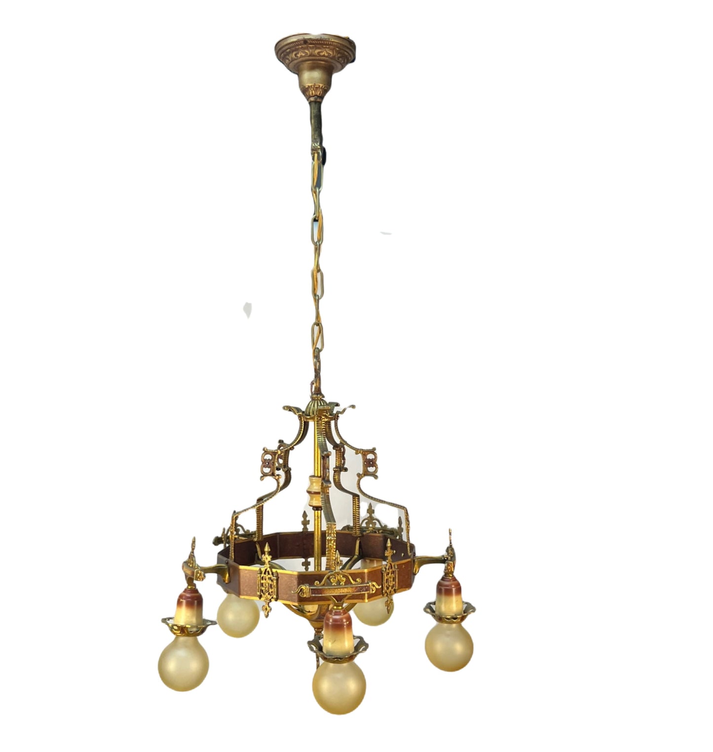 Beautiful Cast Brass Bare Bulb Chandelier from the 1920s #2372