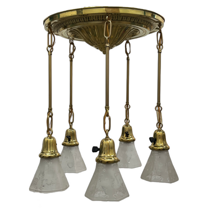 Polished Brass Pan 5 Light with Acid Etched Shades #2525