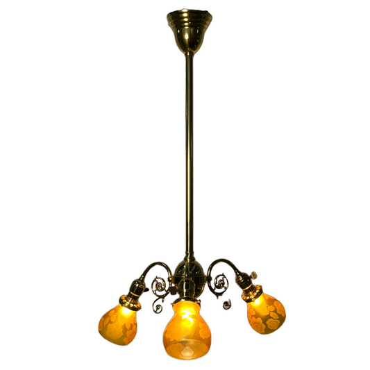 Lovely Victorian 3 light Fixture with Etched Amber Glass Shades #2451