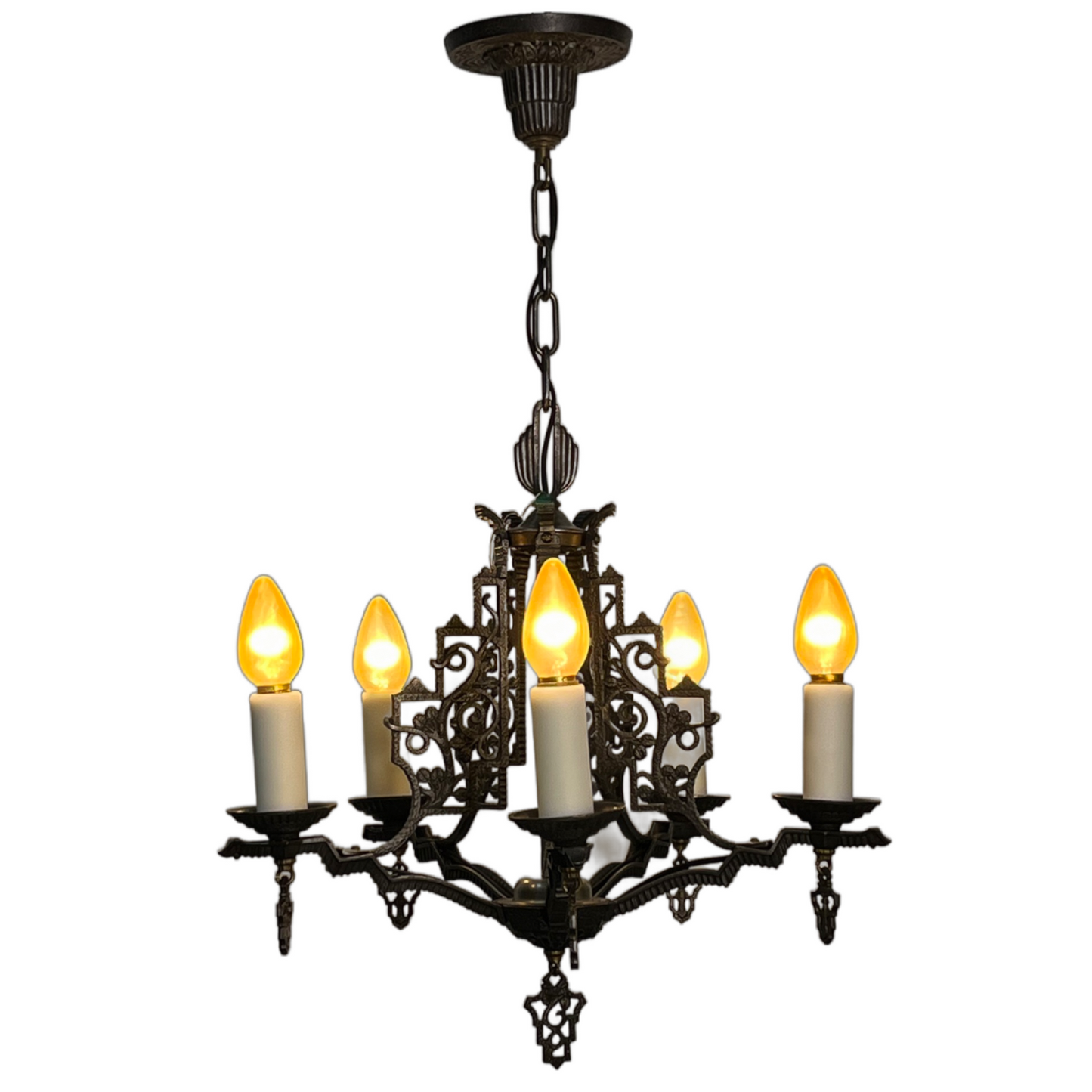 Cast Iron 5 Light Chandelier with White Resin Candlesleeves #2502