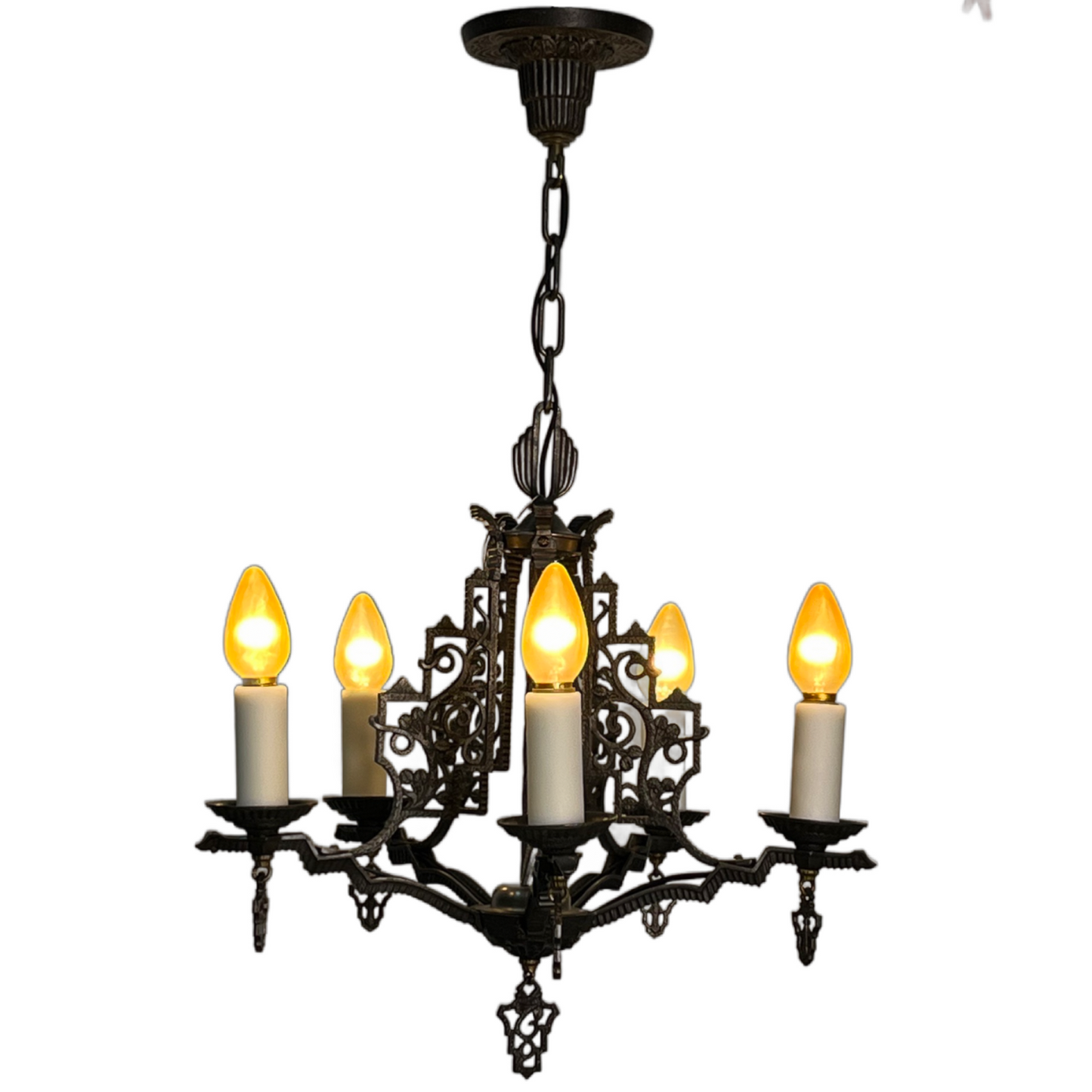 Cast Iron 5 Light Chandelier with White Resin Candlesleeves #2502