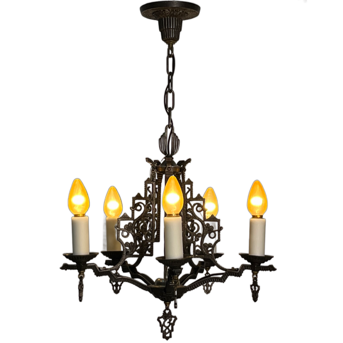 Cast Iron 5 Light Chandelier with White Resin Candlesleeves #2502