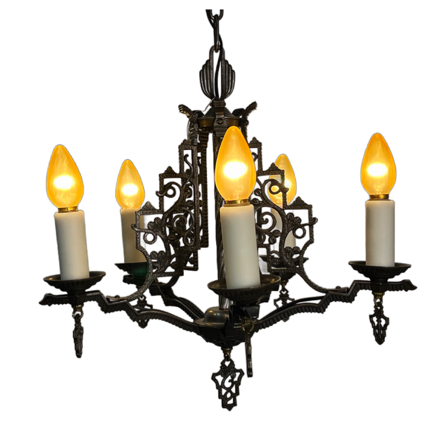 Cast Iron 5 Light Chandelier with White Resin Candlesleeves #2502