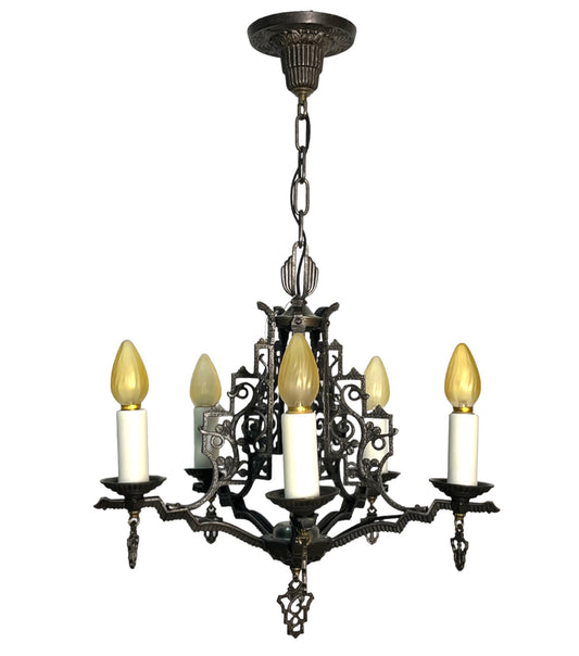 Pair Cast Iron Storybook Style Chandeliers with Ivory Candlecovers #2502