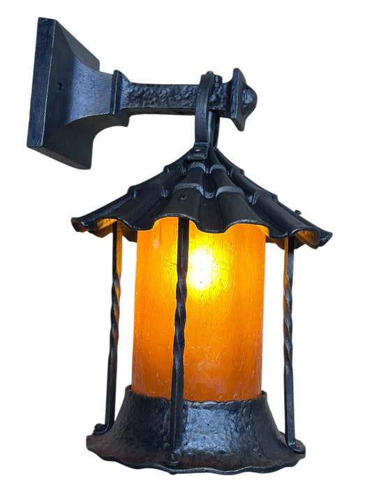 Spanish revival Porch Light with Amber Crackle Glass Shade