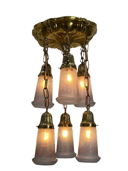 Small Sheffield Shower Light in Polished Brass with 6 Floral Shades #2571