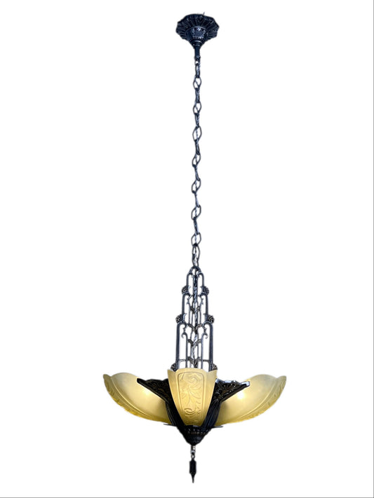Dark Silver 5 Light Chandelier with Amber Glass Slip Shades #2582