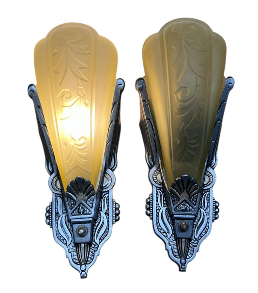 Silver and Black Art Deco Sconces with Amber Glass Shades