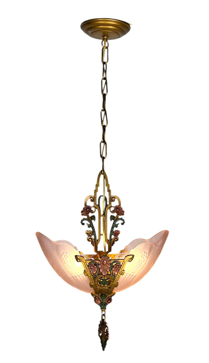 Art Deco Pink Slip Shade 2 Light Pendant
