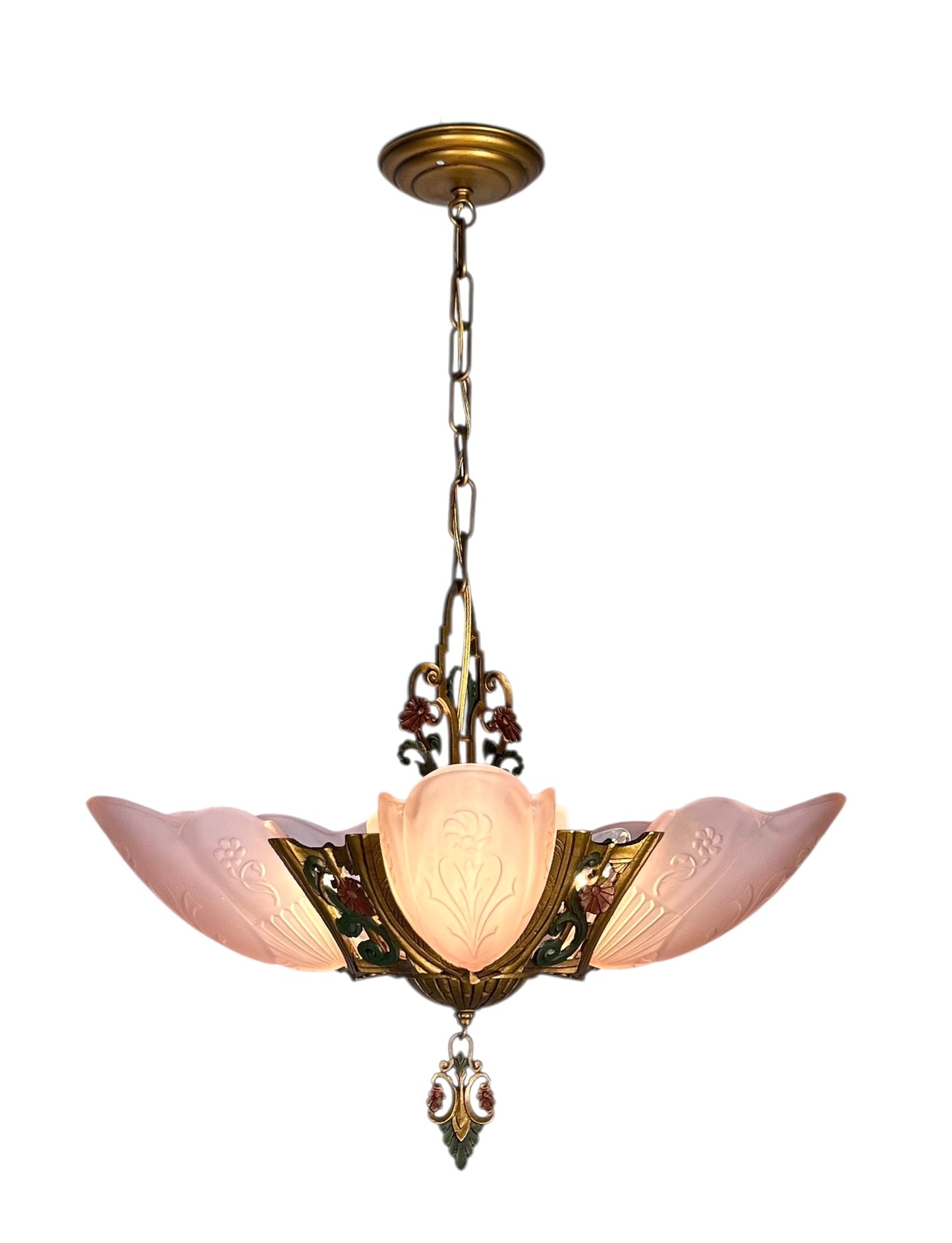 Art Deco Pink Slip Shade 5 Light Pendant Chandelier  Markel "La Salle" Line #2587