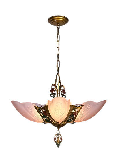 Art Deco Pink Slip Shade 5 Light Pendant Chandelier  Markel "La Salle" Line #2587