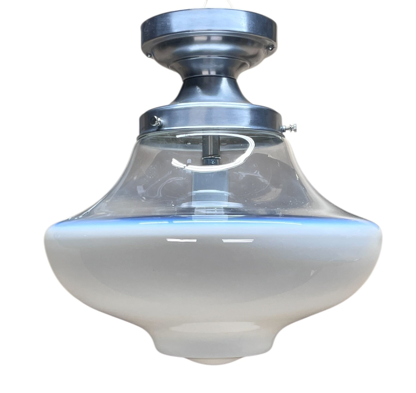 One Of 2 Milk Glass and Clear Schoolhouse Globe on Brushed Aluminum Fixture #2588