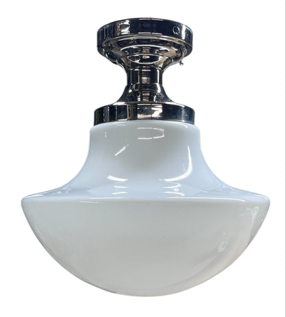 1920s Milk Glass Schoolhouse Globe on Polished Nickel Fixture #2589