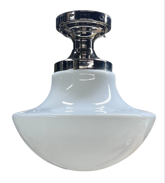 1920s Milk Glass Schoolhouse Globe on Polished Nickel Fixture #2589