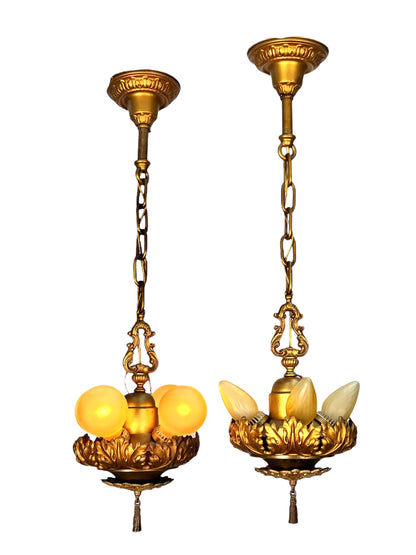 Gold 4 Light Pendants with Original Finish 1920s #2597