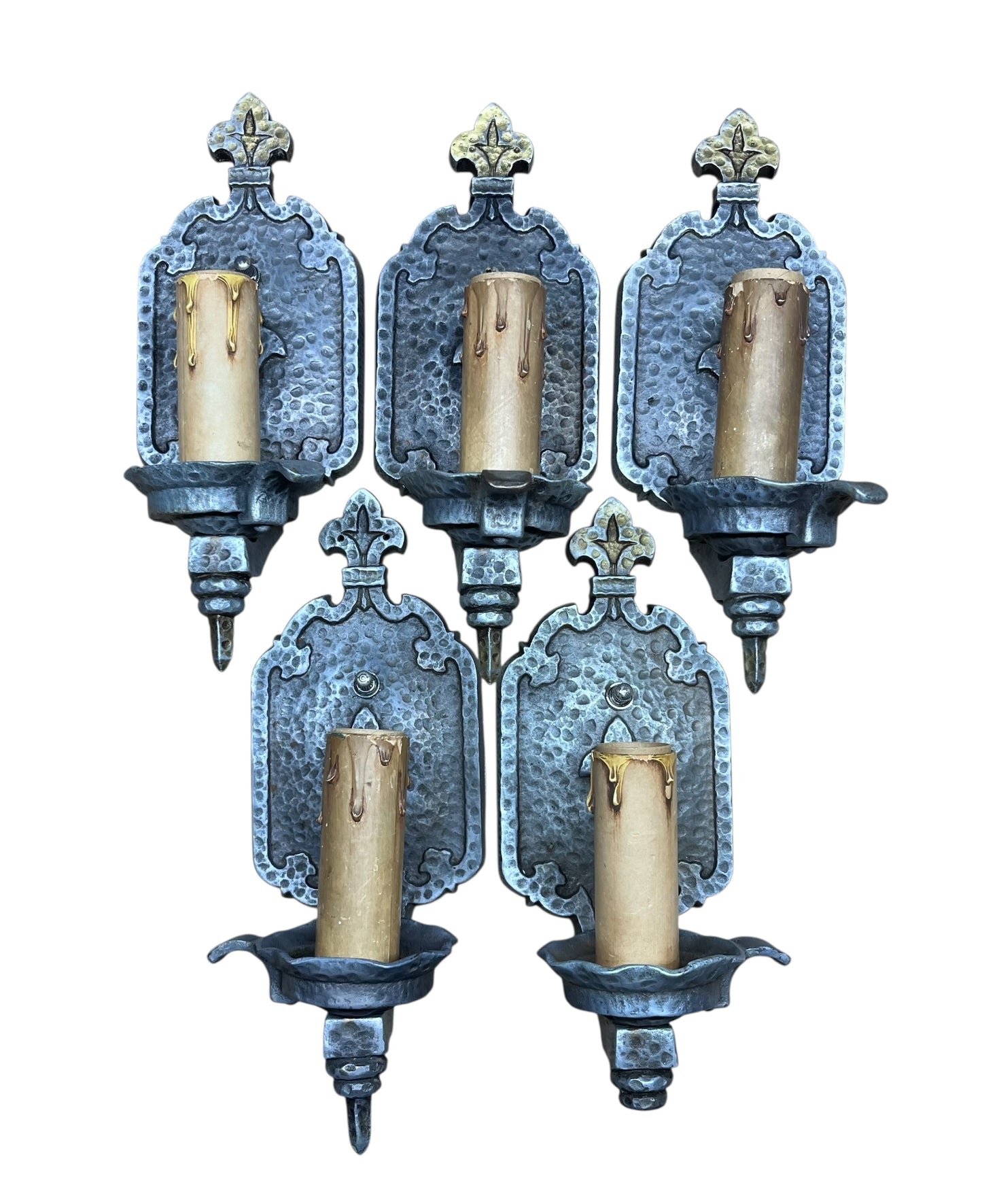Bare bulb 4 + 1 Hammered Wall Sconces Storybook or Spanish Revival Mission Style #2598