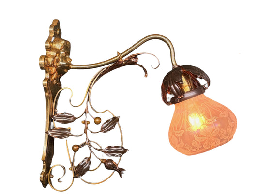 Pair Art Nouveau Brass and Copper Sconces circa 1900 with Floral Irridescent Shades #2618