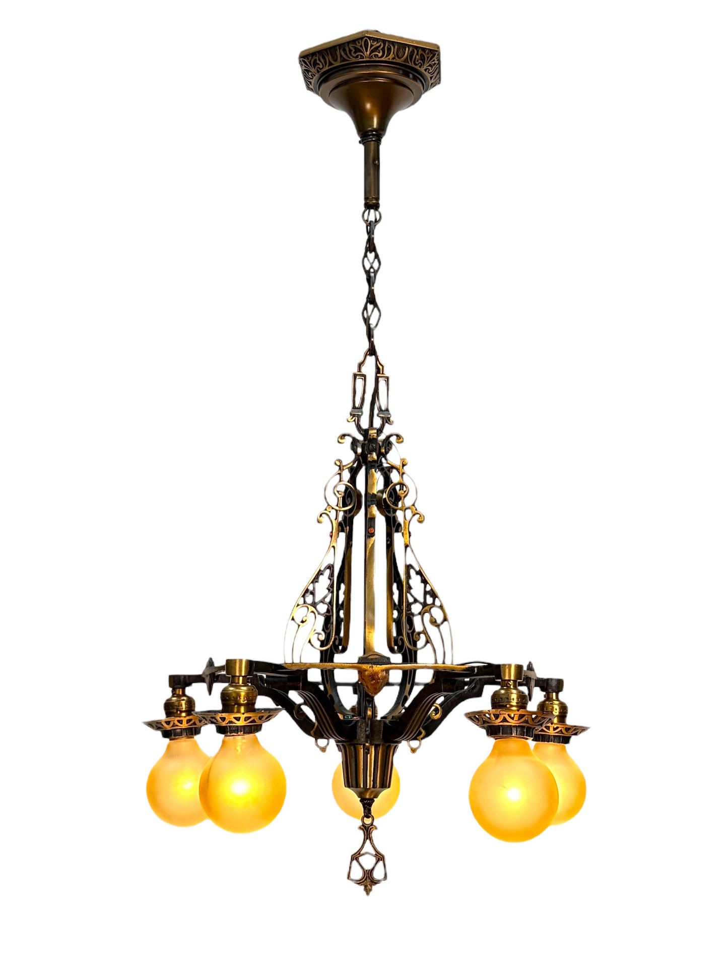 1920s Cast Bronze 5 Light Chandelier in Spectacular Original Condition #2622