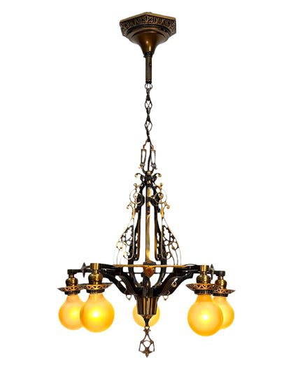 1920s Cast Bronze 5 Light Chandelier in Spectacular Original Condition #2622