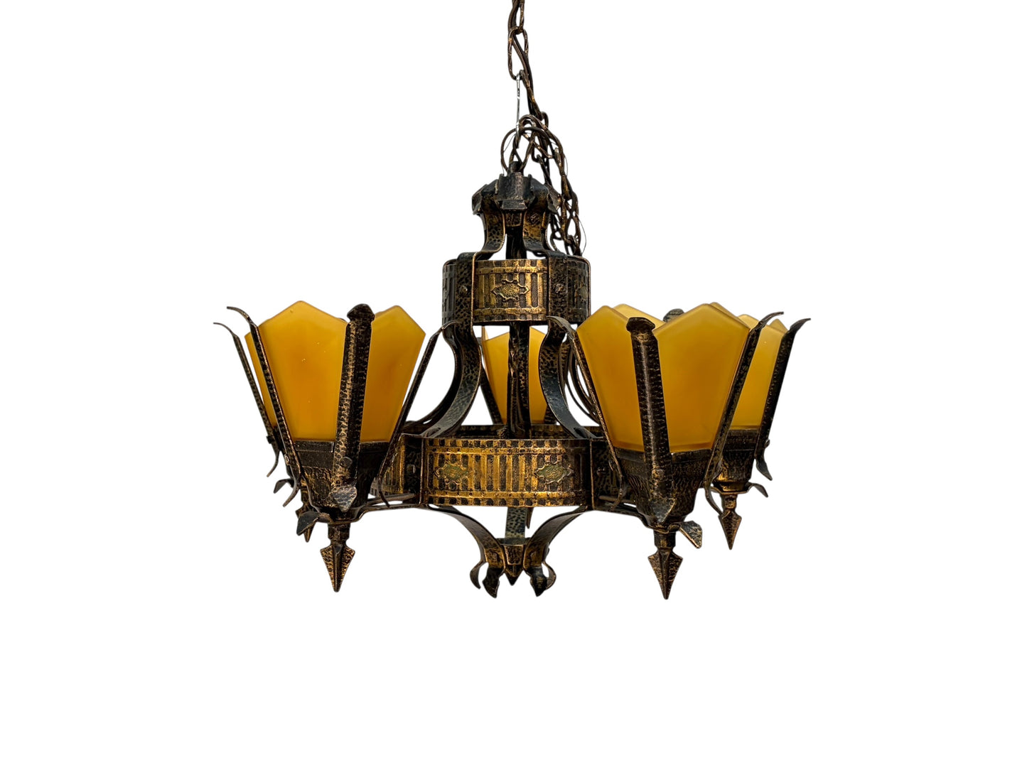 Frankelite 5 light Chandelier from the 1930s with Amber Glass Shades and Original Finish #2572