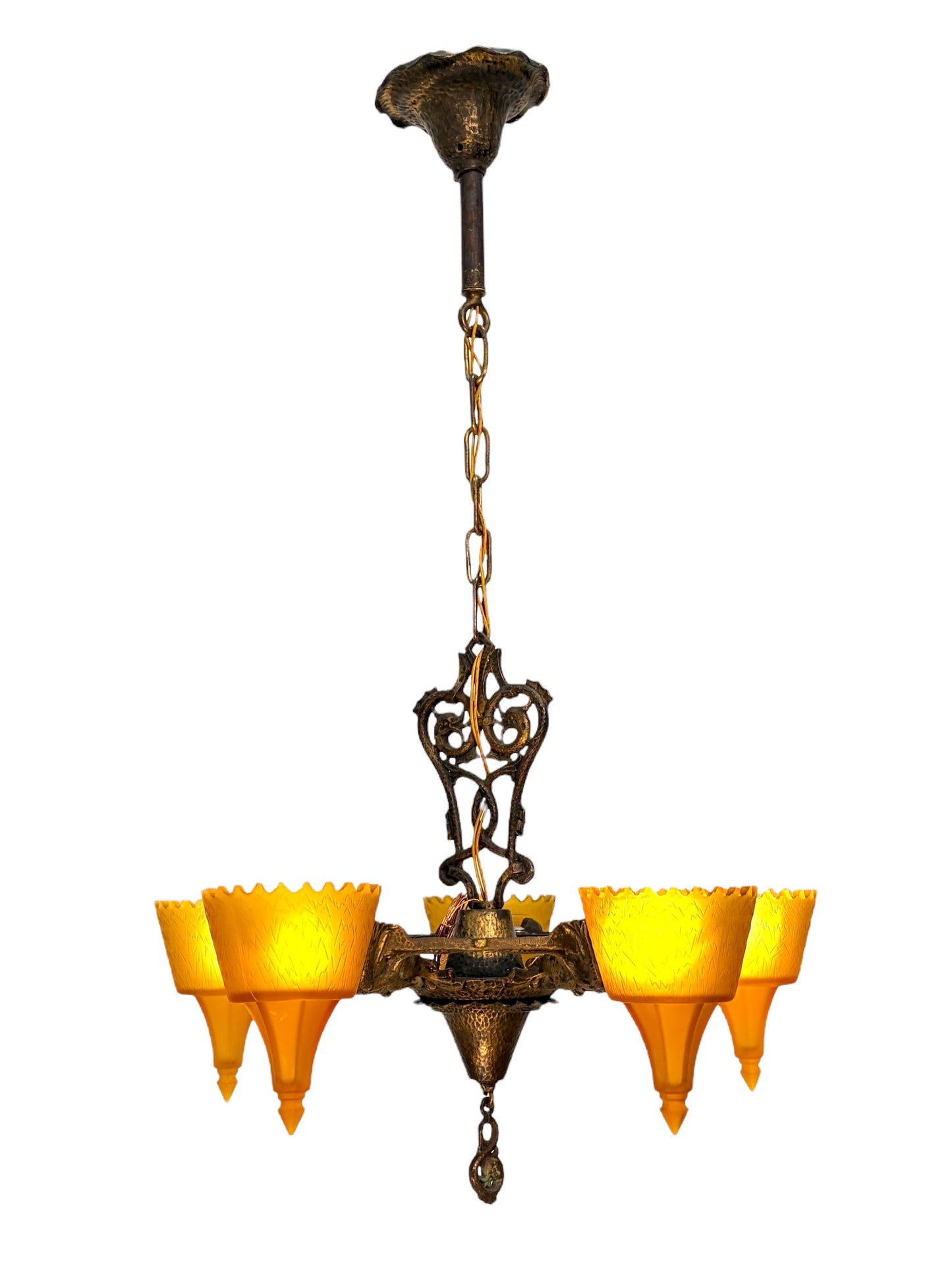 1930s Chandelier with Amber Glass Shades 