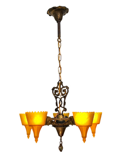 1930s Chandelier with Amber Glass Shades 