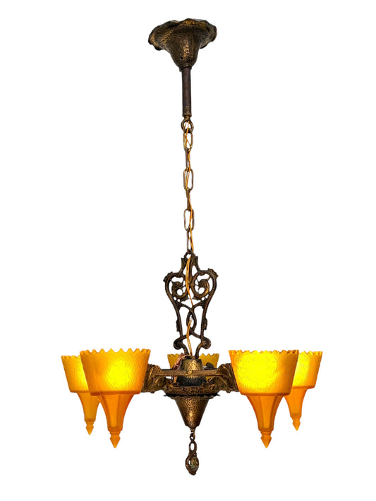 1930s Chandelier with Amber Glass Shades 