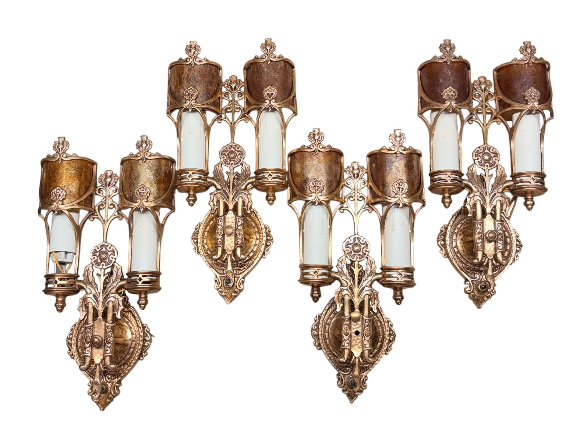 Set of 4 Cast Bronze Double Sconces with Thistle Motif and Mica Shields