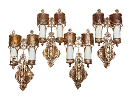 Set of 4 Cast Bronze Double Sconces with Thistle Motif and Mica Shields