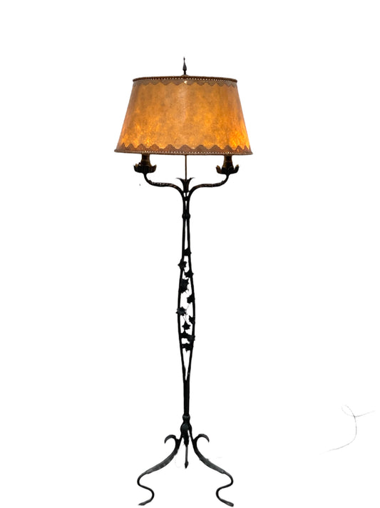 Spanish Revival Wrought Iron Floor Lamp with Antique Mica Shade #2539