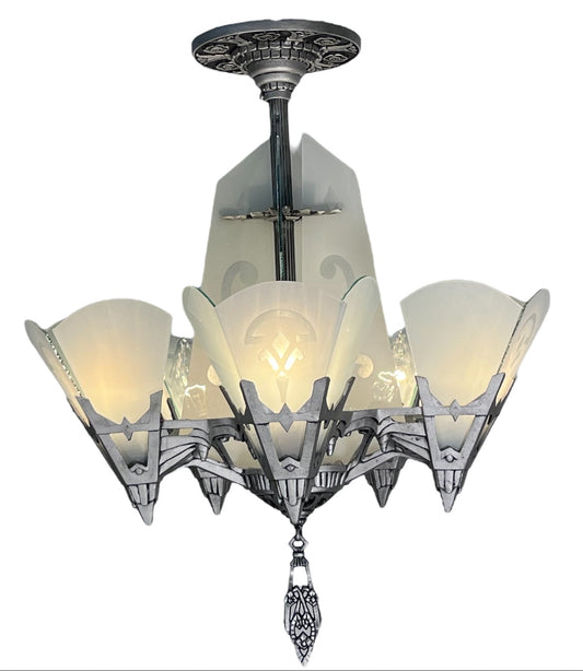Art Deco Chandelier with Flat Panels of Glass