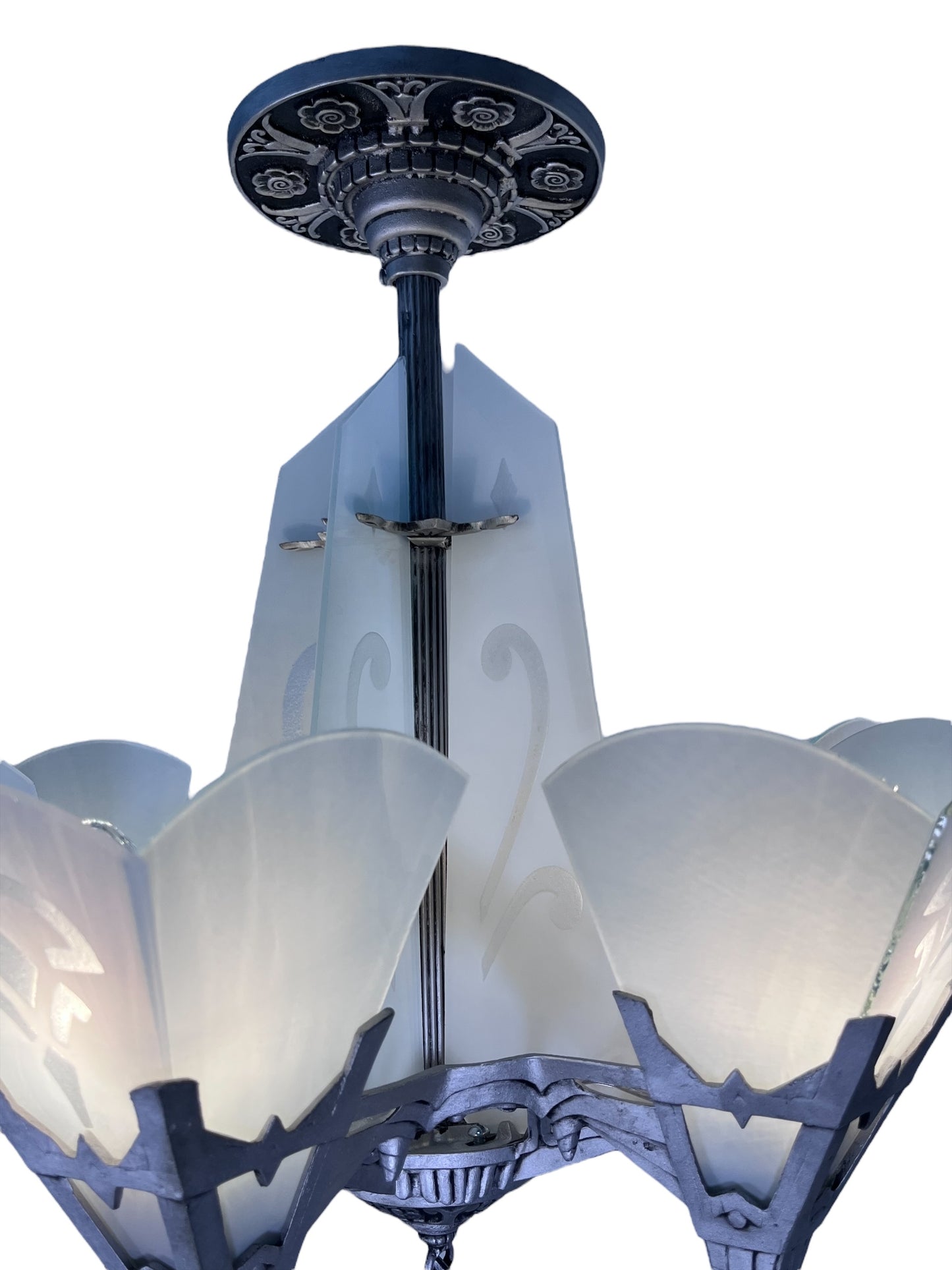 One of TWO Art Deco Chandelier with Flat Panels of Glass for Short Ceilings  #2579