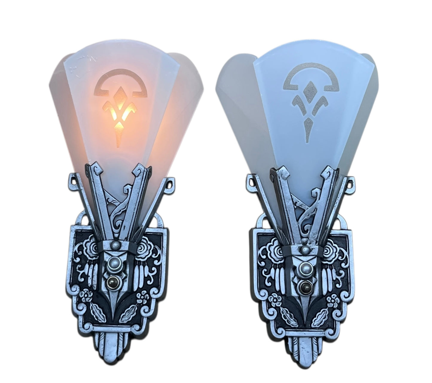 One Pair (of 2) Art Deco Flat Glass Panel Wall Silver and Black Sconces by Lincoln #2582