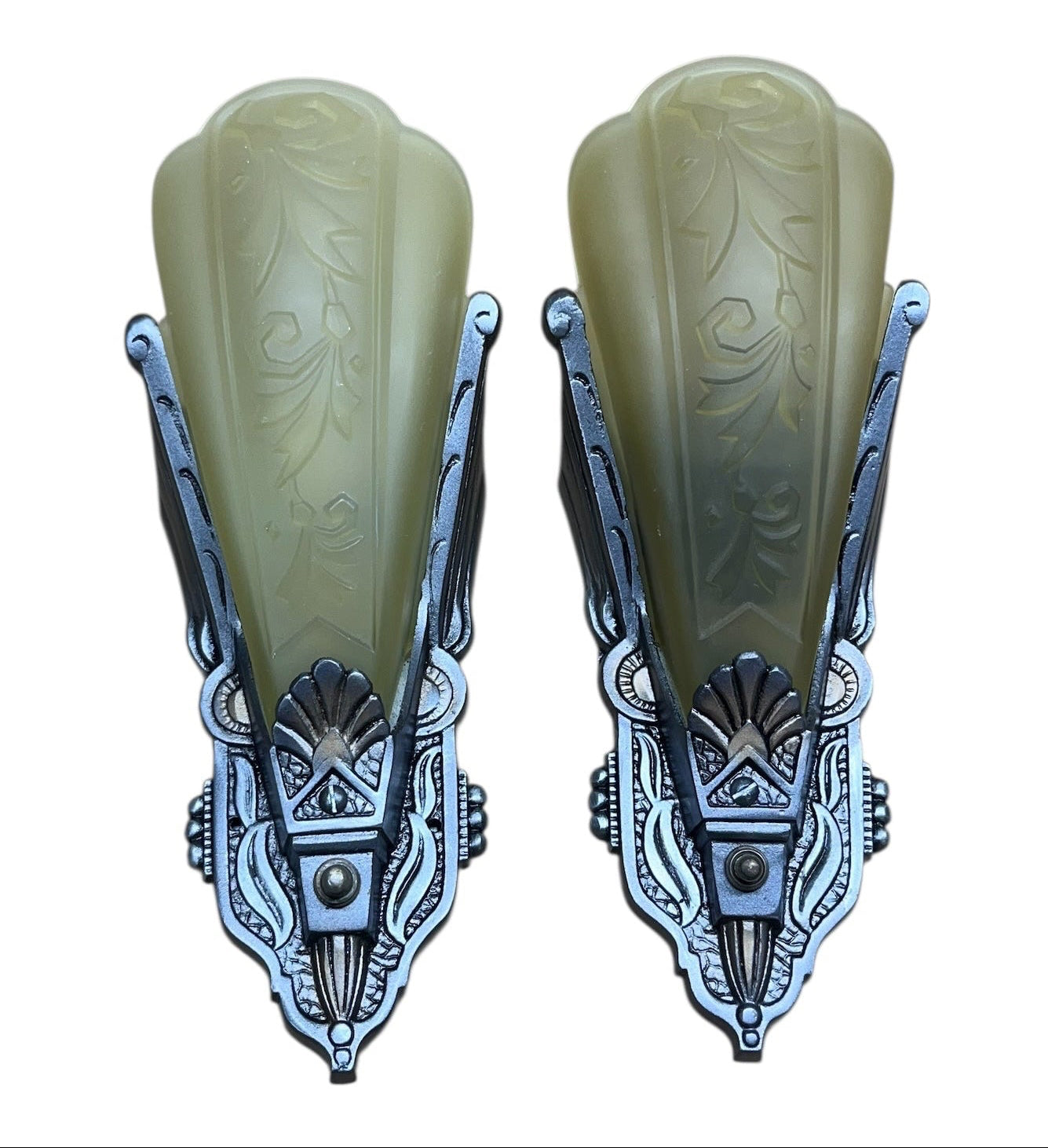 Silver and Black Art Deco Sconces with Amber Glass Shades