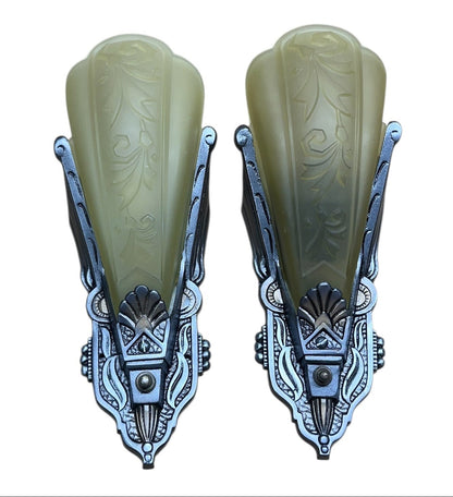 Silver and Black Art Deco Sconces with Amber Glass Shades